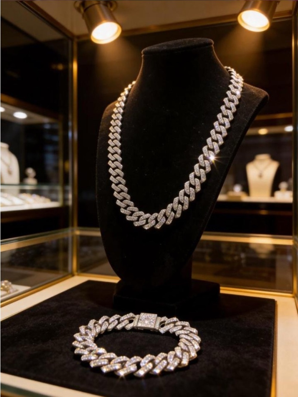 Sparkling Pave Cuban Link Necklace and bracelet Set - Silver color